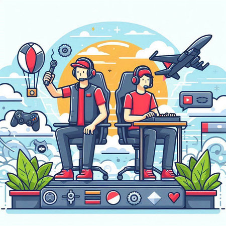 Vector illustration of a man and woman playing video games on a console.のイラスト素材
