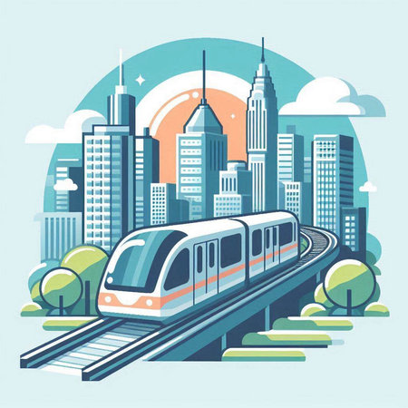 Train on the background of the city. Vector illustration in flat styleのイラスト素材