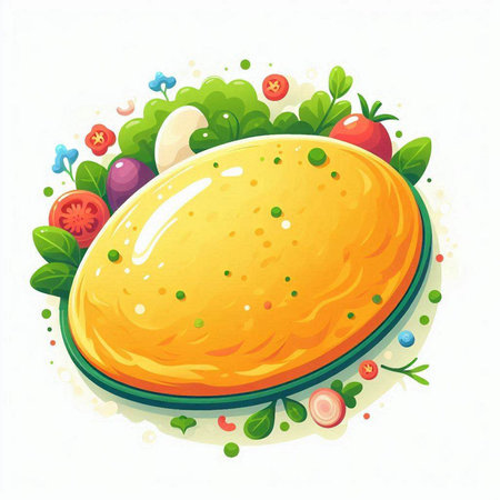 Illustration of a round omelette with vegetables on a white backgroundのイラスト素材