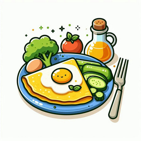 Fried egg with vegetables on a plate. Vector illustration in cartoon style.のイラスト素材