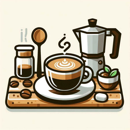 Coffee cup and coffee beans on a wooden table. Vector illustration.のイラスト素材