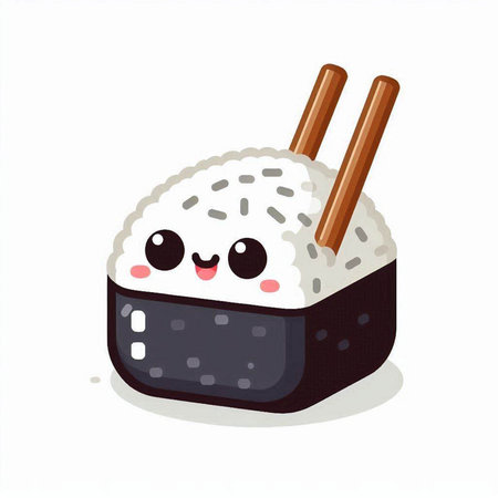 Illustration of a cute sushi with chopsticks on a white backgroundのイラスト素材