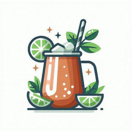 Cocktail with lime and straw. Colorful flat vector illustration.のイラスト素材