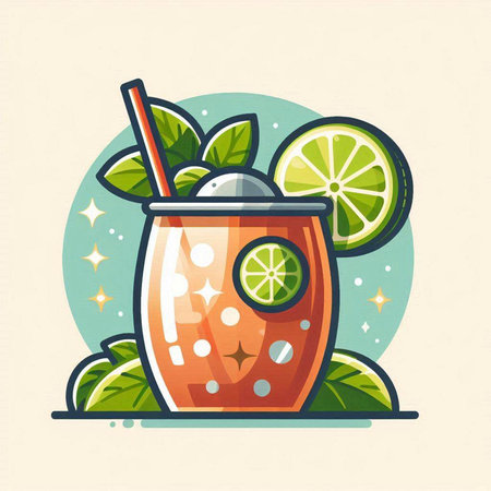 Cocktail with lime and mint. Vector illustration in flat styleのイラスト素材