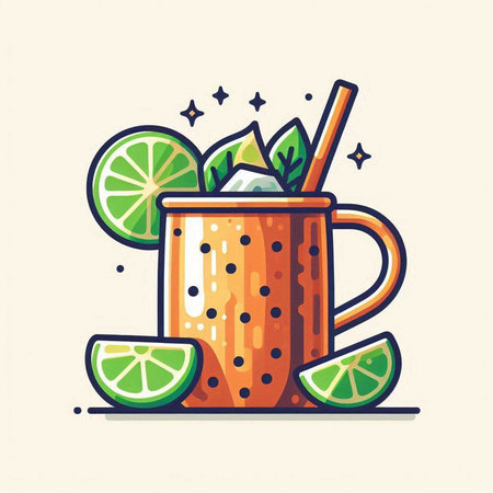Mojito cocktail with lime and straw. Vector illustration in flat styleのイラスト素材