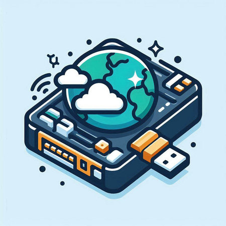 Cloud storage technology isometric icon. Vector illustration in line art styleのイラスト素材
