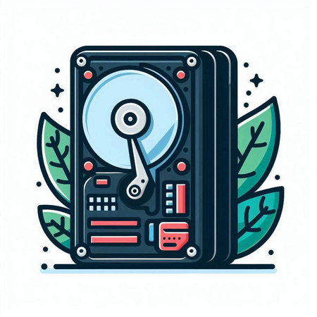 Hard disk drive with leaves. Vector illustration in line art style.のイラスト素材