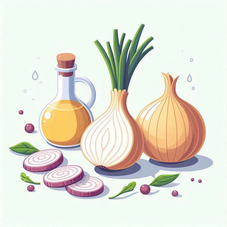 Garlic, onion, oil and pepper. Vector illustration of vegetables.のイラスト素材