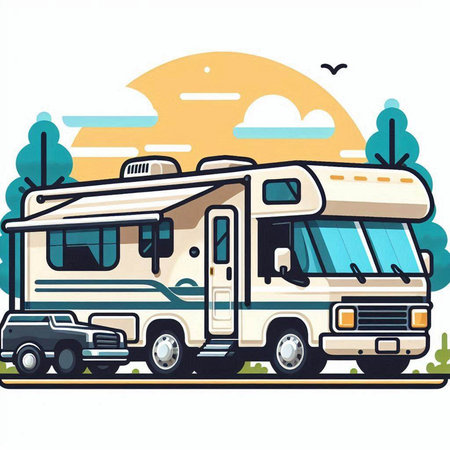 Camper car on the road. Vector illustration on white background.のイラスト素材