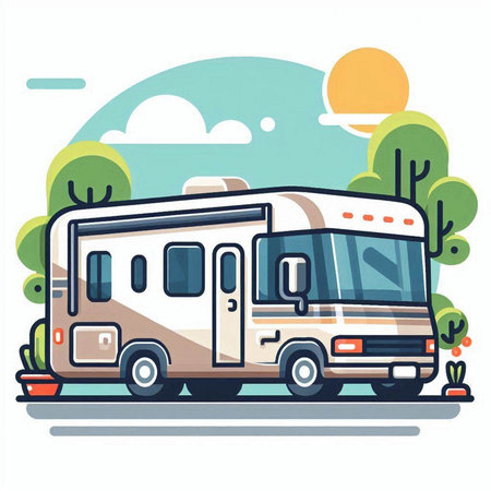 Camper car. Vector illustration in flat style. Traveling by motor home.のイラスト素材