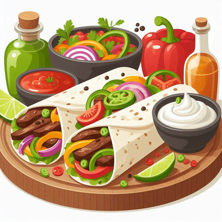 Mexican food. Vector illustration of tacos with meat, vegetables and sauces.のイラスト素材