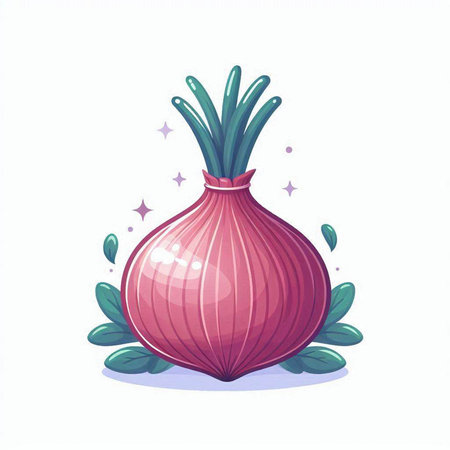 Illustration of a pink onion with green leaves on a white backgroundのイラスト素材