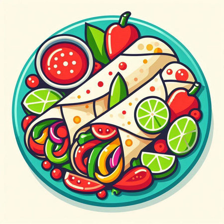 Mexican tortilla with vegetables, sauce and lime. Vector illustrationのイラスト素材