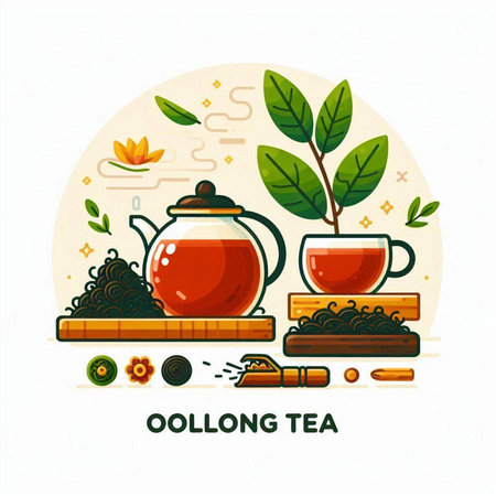Oolong tea flat vector illustration. Teapot and green tea leaves.のイラスト素材