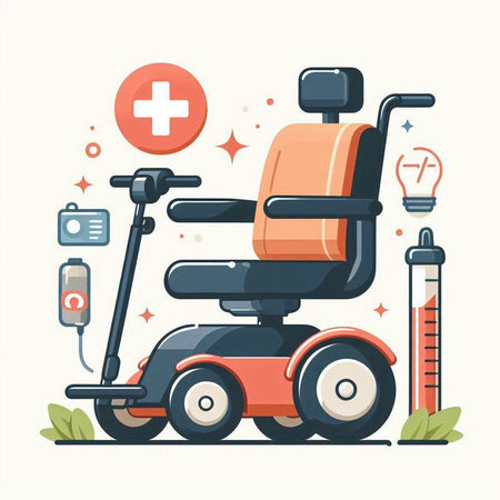 Wheelchair with medical equipment. Vector illustration in flat cartoon style.のイラスト素材