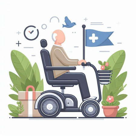 Elderly man in wheelchair vector illustration. Cartoon old man in a wheelchair with a basket of flowers.のイラスト素材
