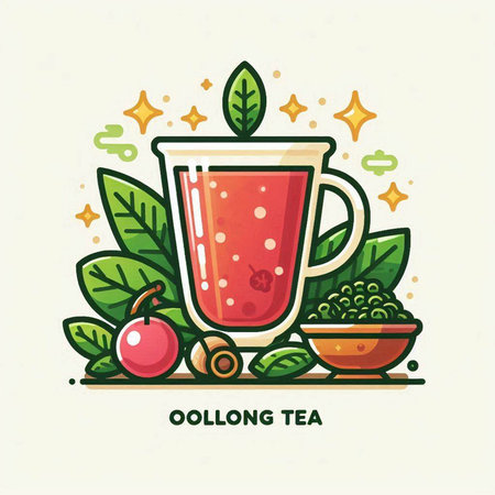 Cup of tea with berries, leaves and stars. Vector illustration.のイラスト素材