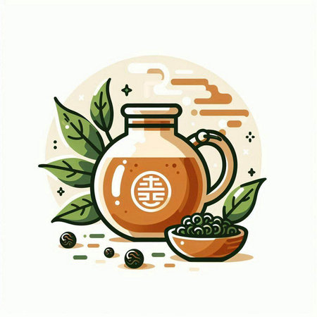 Illustration of a cup of hot tea and green tea leaves.のイラスト素材