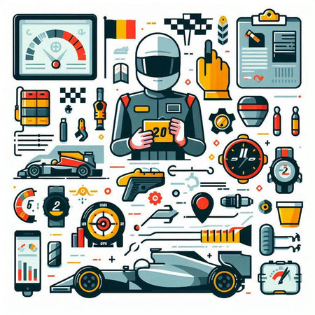 Vector illustration of flat line art racing icons set on white background.のイラスト素材