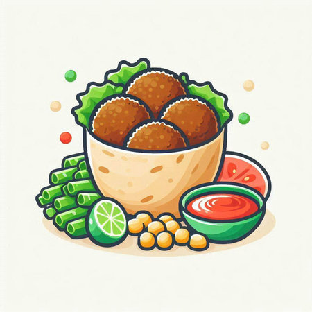 Illustration of a bowl of meatballs with vegetables and sauce.のイラスト素材