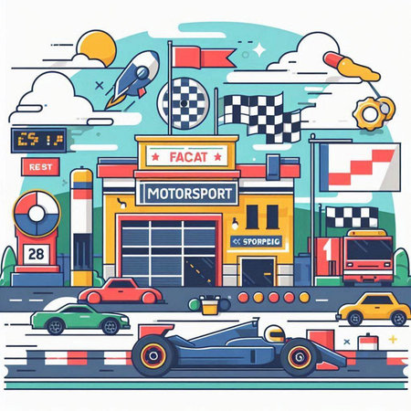 Colorful vector illustration of a car show in a flat style.のイラスト素材