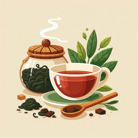 Cup of green tea and teapot. Vector illustration.のイラスト素材