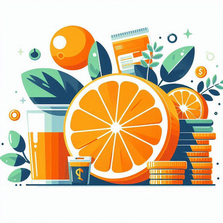 Fruit and juice vector illustration. Orange, lemon, grapefruit, orange, orange juice and green leaves.のイラスト素材