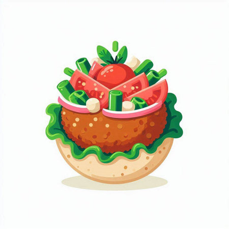 Vegetarian burger with tomato, cucumber, onion and lettuce. Vector illustrationのイラスト素材