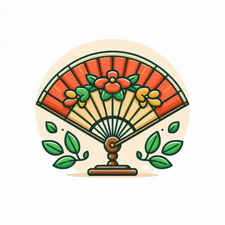 Folding fan with flowers and leaves on white background. Vector illustration.のイラスト素材