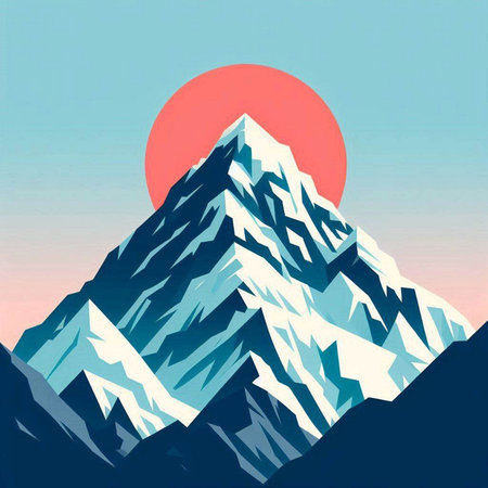 Mountains landscape with sun and clouds. Vector illustration in vintage style.のイラスト素材