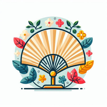 Folding fan with flowers and leaves. Vector illustration in flat styleのイラスト素材