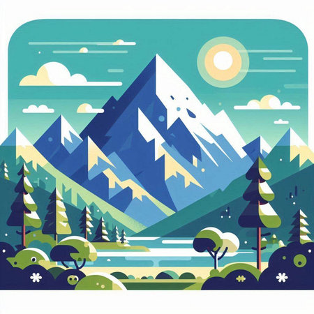 Mountains and forest landscape. Vector illustration. Flat design style.のイラスト素材