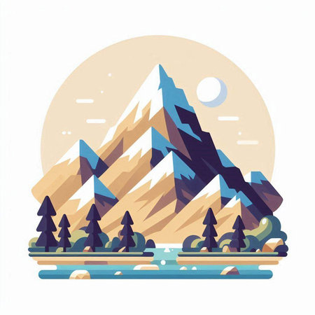 Mountains and lake, vector illustration in flat style. Mountain landscapeのイラスト素材