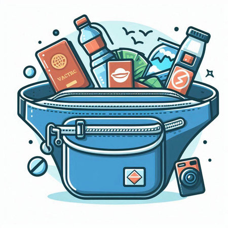 Vector illustration of a handbag with travel items. Cartoon style.のイラスト素材