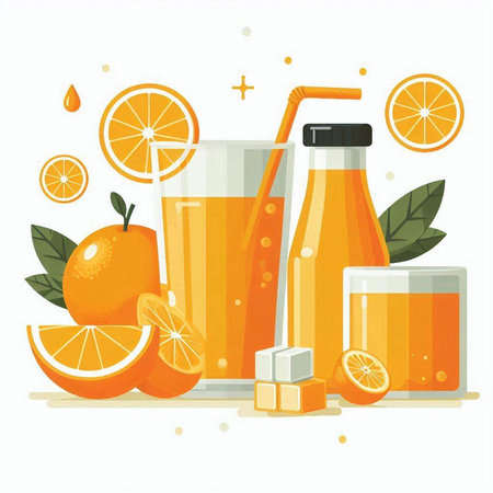 Orange juice and orange slices on a white background. Vector illustration.のイラスト素材