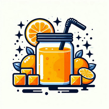 Orange juice in a glass jar with a straw and ice cubes. Vector illustration.のイラスト素材