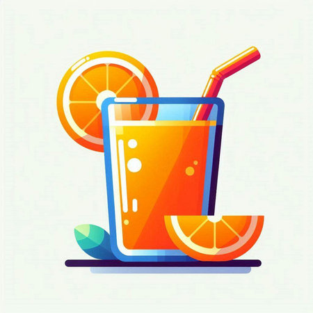 Orange juice in glass with straw and slice of orange. Vector illustration.のイラスト素材
