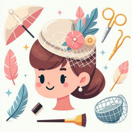 Illustration of a cute girl with a set of accessories for make-upのイラスト素材