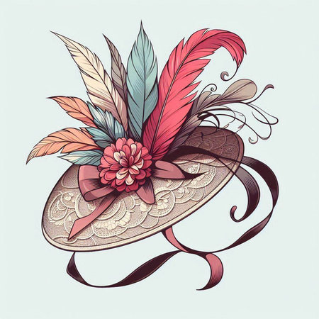 Vintage hat with feathers and flowers. Hand drawn vector illustration.のイラスト素材