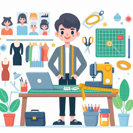 Fashion designer man working at his studio. Vector illustration in flat styleのイラスト素材