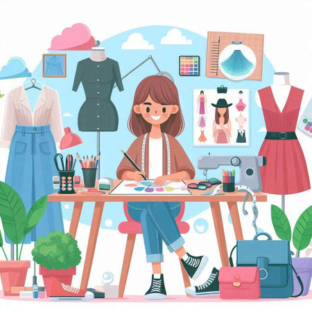Fashion designer woman working at her studio. Vector illustration in cartoon styleのイラスト素材