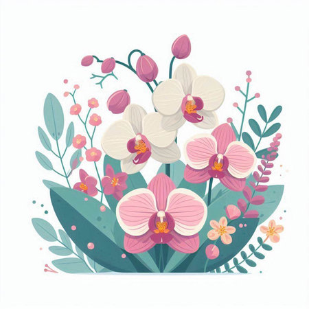 Flower bouquet with orchids and flowers. Vector illustration.のイラスト素材