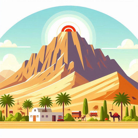 Mountains and palm trees in Egypt. Vector illustration in flat styleのイラスト素材