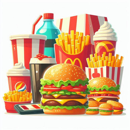 Fast food. Hamburger, french fries, soda and popcorn. Vector illustrationのイラスト素材