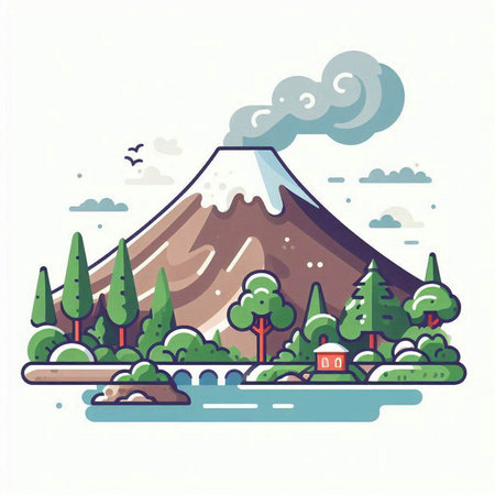 Vector illustration of mountain landscape with forest and lake in flat style.のイラスト素材