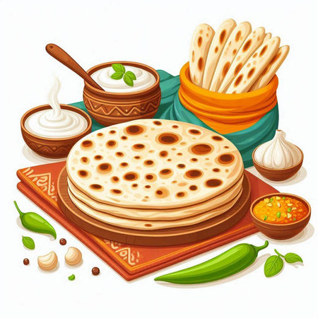 Illustration of a set of traditional indian food on a white backgroundのイラスト素材