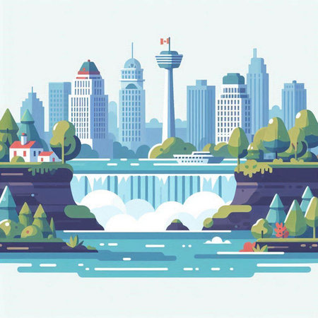 Flat design modern vector illustration concept of city landscape with waterfalls, river, buildings and skyscrapersのイラスト素材