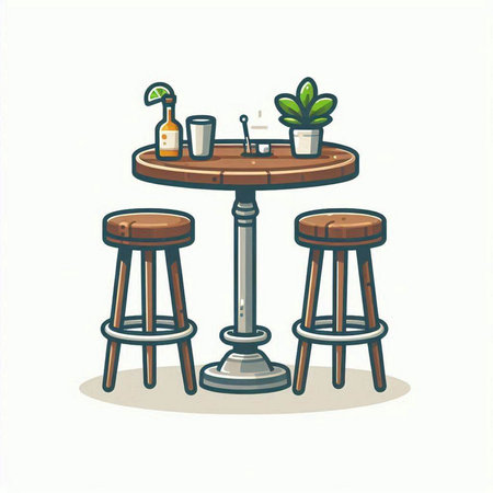 Vector illustration of a bar table with chairs and a bottle of wineのイラスト素材