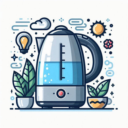 Electric kettle with boiling water in flat line style. Vector illustration.のイラスト素材