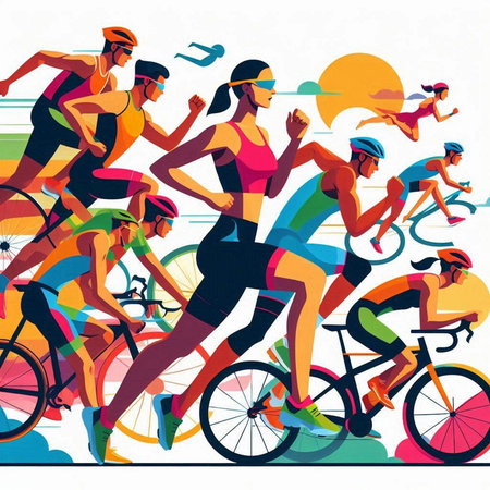 Vector illustration of a group of people on a bicycle race. Colorful backgroundのイラスト素材